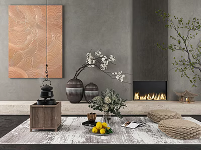Elegant Decorative Ornament Combination With Copper Painting Dark Vases Green Plants White Branches And Cushions 3d model