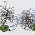 Blooming Trees With Curved Branches Featuring Standing And Seated People On Circular Base