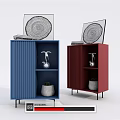 Entryway Side Cabinets Blue Red Ribbed Design With Decorative Paintings Bird Figurine And Potted Plant