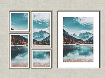 Framed Landscape Paintings With Mountain Lake Cloudy Sky And Autumn Trees Reflections 3d model