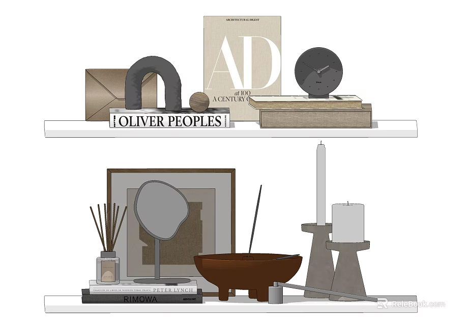 Decorative Ornament Set With Magazine Arched Decor Clock Mirror Wooden Bowl And Candle Holder 3d model 