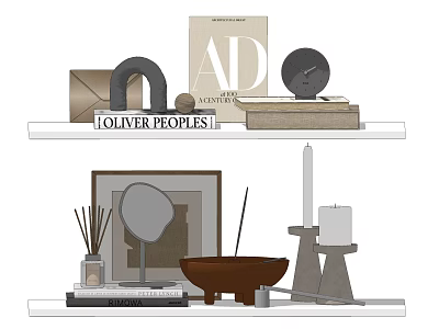 Decorative Ornament Set With Magazine Arched Decor Clock Mirror Wooden Bowl And Candle Holder 3d model