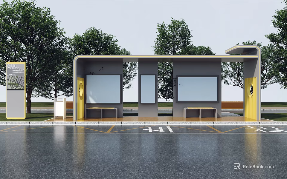 Garden Decorative Structure With Gray Body Yellow Pillars Benches Display Screens And Trees 3d model 