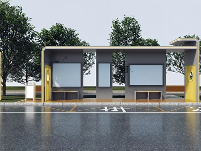 Garden Decorative Structure With Gray Body Yellow Pillars Benches Display Screens And Trees 3d model