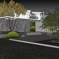 Modern Garden Landscape With Bamboo Stone Wall Wooden Structure And Green Plants