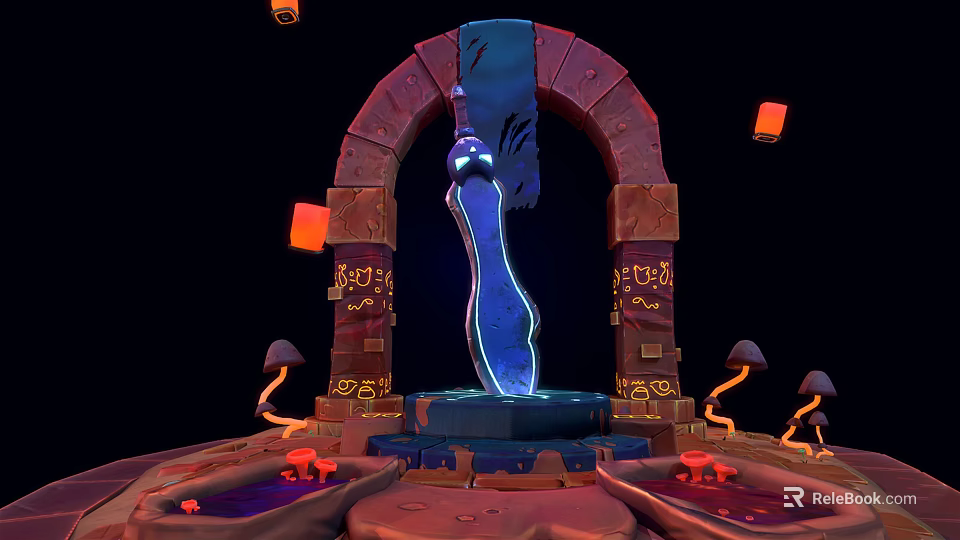 Mystical Archway Scene With Glowing Blue Structure Stone Blocks Inscriptions Mushroom Shapes And Red Lanterns 3d model 