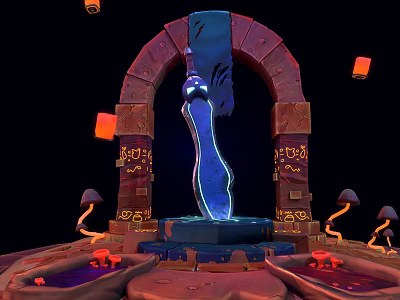 Mystical Archway Scene With Glowing Blue Structure Stone Blocks Inscriptions Mushroom Shapes And Red Lanterns 3d model