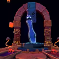 Mystical Archway Scene With Glowing Blue Structure Stone Blocks Inscriptions Mushroom Shapes And Red Lanterns