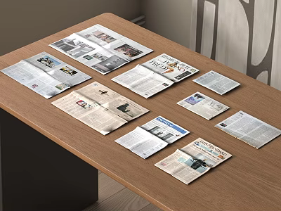 Open Magazines And Newspapers On Wooden Table With Various Pages And Content 3d model