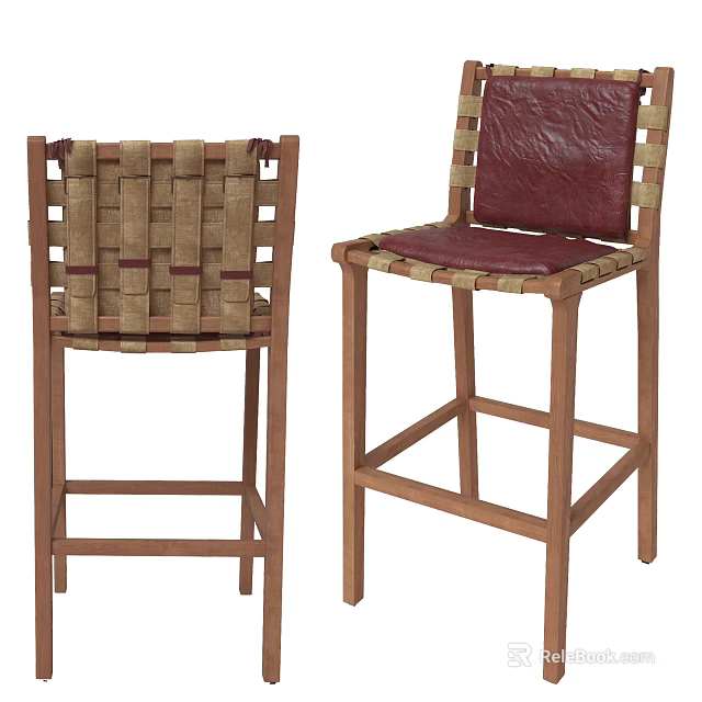 Wooden Frame Bar Stools With Woven Design And Leather Seat Backrest 3d model 