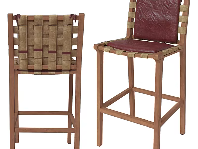Wooden Frame Bar Stools With Woven Design And Leather Seat Backrest 3d model