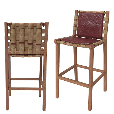 Wooden Frame Bar Stools With Woven Design And Leather Seat Backrest 3d model