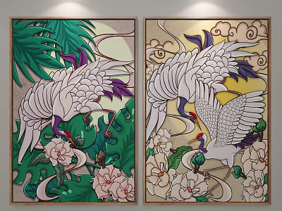 Elegant Animal Painting With White Cranes Vibrant Green Leaves And Decorative Flowers 3d model
