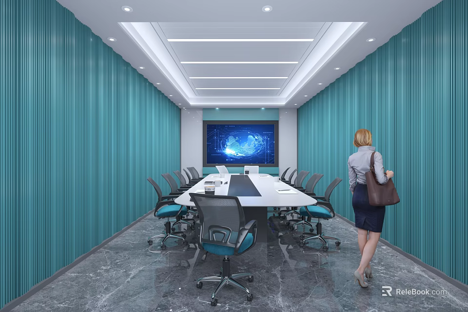 Modern Conference Room With Blue Walls Long Table Multiple Chairs And Large Screen 3d model 