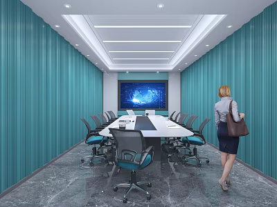 Modern Conference Room With Blue Walls Long Table Multiple Chairs And Large Screen 3d model