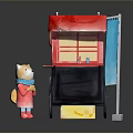 Colorful Street Kiosk With Red Roof Counter Windows And Animal Figure