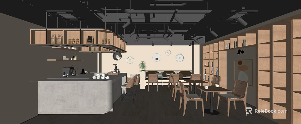 Modern Restaurant Interior With Pendant Lights Tables Chairs Bar And Circular Wall Art 3d model 