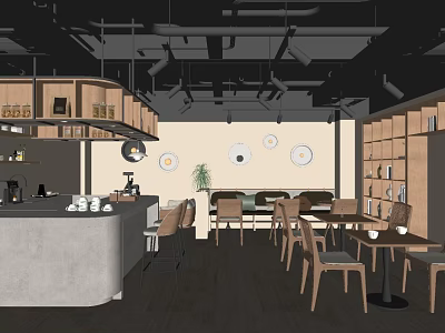 Modern Restaurant Interior With Pendant Lights Tables Chairs Bar And Circular Wall Art 3d model