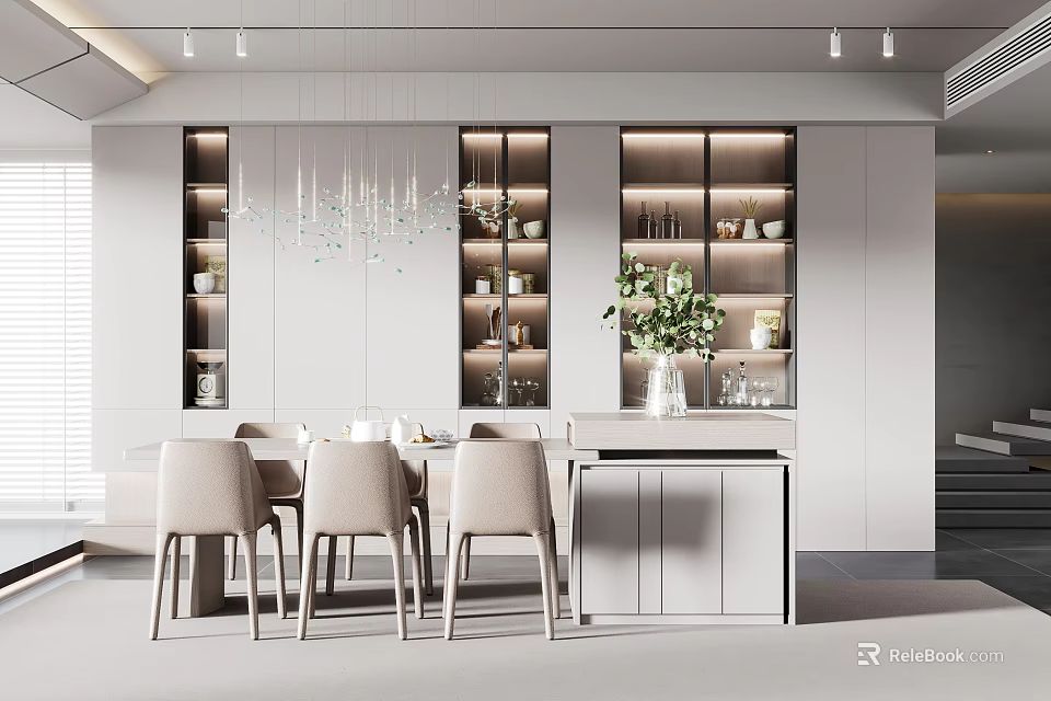 Modern Restaurant Interior Design With Dining Table Chairs Glass Door Cabinetry And Chandelier 3d model 
