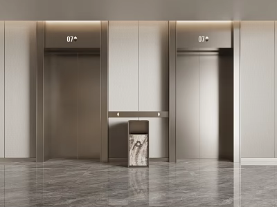 Elegant Modern Elevator Corridor Interior Design With Polished Marble Floor And Two Sleek Elevator Doors 3d model