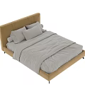 Modern Upholstered Double Bed with Beige Headboard and Grey Bedding 3d model