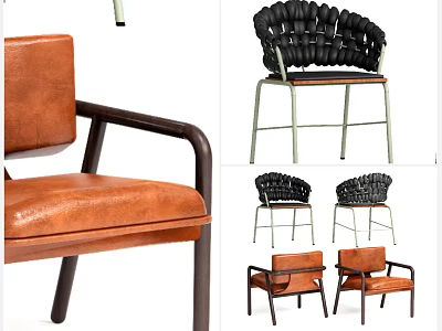 Modern Leisure Chair With Brown Leather Black Woven Design And Metal Frame 3d model