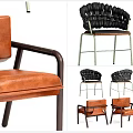 Modern Leisure Chair With Brown Leather Black Woven Design And Metal Frame