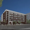 Multi Story School Building With Red Brick White Exterior Large Windows Trees And Parking Area