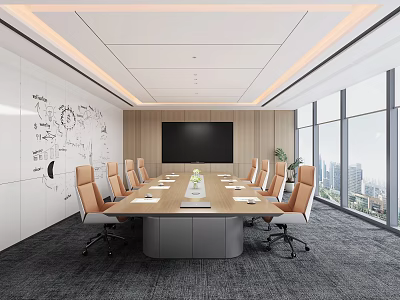 Modern Meeting Room Interior With Long Table Comfortable Chairs Large Screen And City View 3d model