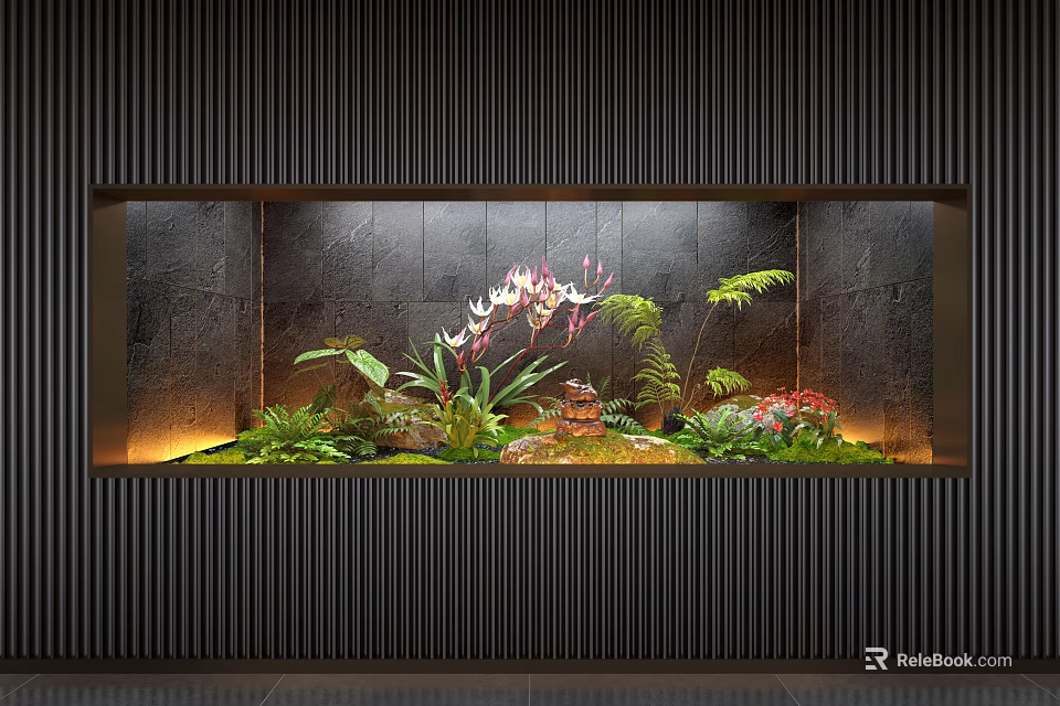 Modern Feature Wall With Black Vertical Stripes Built-in Green Plants and Warm Lighting Design 3d model 