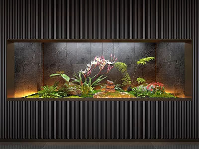 Modern Feature Wall With Black Vertical Stripes Built-in Green Plants and Warm Lighting Design 3d model
