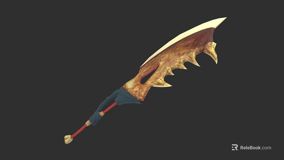 Mythical Curved Blade Weapon With Golden Spikes And Blue Red Hilt Design 3d model 