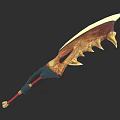 Mythical Curved Blade Weapon With Golden Spikes And Blue Red Hilt Design