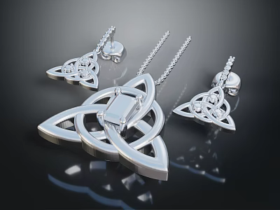 Elegant Silver Celtic Triquetra Jewelry Set with Intertwined Triangles Pendant and Earrings 3d model