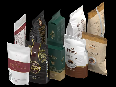 Assorted Coffee Beverage Packages From Different Brands With Various Packaging Designs 3d model