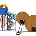 Playground Equipment Featuring Wooden Tunnel Yellow Wave Logo Blue Star Section and Metal Spiral Slide