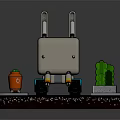 Square Robot Character with Pink Rabbit Ears and Green Cactus Plant on Display Platform