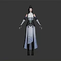 3D Fantasy Female Character In White Blue Traditional Costume With Long Black Hair And Sleeves 3d model