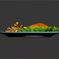 Crispy Fried Chicken With Golden French Fries And Red Sauce On Plate With Lettuce