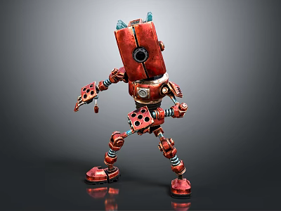 Red Metallic Robot Character With Mechanical Structure And Blue Antennas 3d model