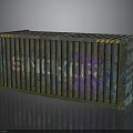Weathered Blue Green Shipping Container With Graffiti Art And Yellow Warning Stripes