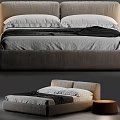 Modern Stylish Double Bed with Beige Frame White Pillows Black Blanket and Round Stool
