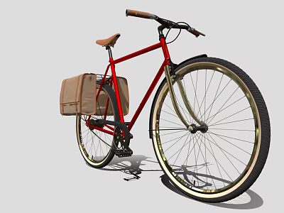 Red Bicycle with Brown Seat Handlebar Cargo Bag on Rear and Black Gold Rim Wheels 3d model
