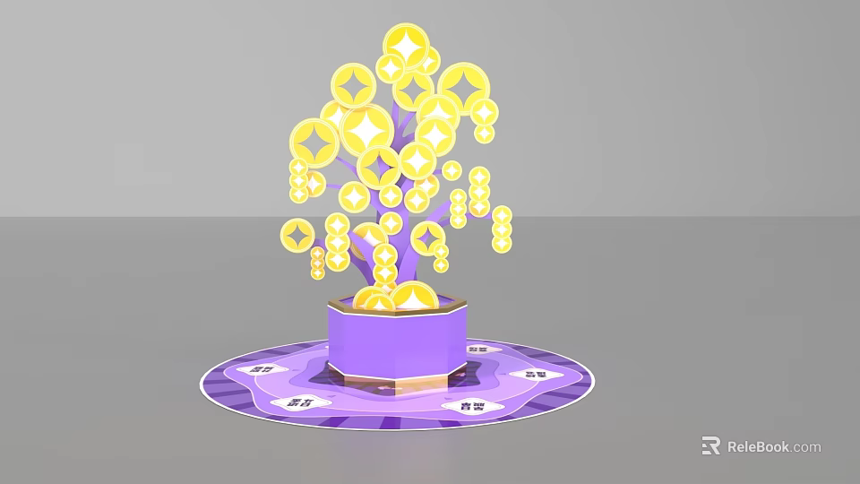 Photo Spot With Purple Pot And Yellow Star Decorative Tree On Circular Base 3d model 