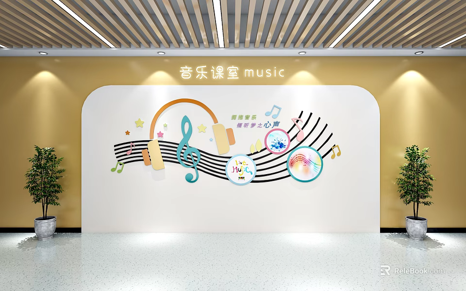 Music Classroom Wall Decor With Headphones Music Notes Staff And Colorful Circles 3d model 
