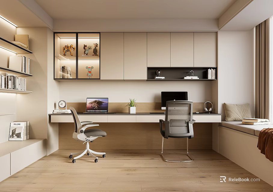 Modern Study Room Interior With Desks Chairs Bookshelves And Cabinets 3d model 