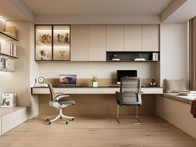 Modern Study Room Interior With Desks Chairs Bookshelves And Cabinets 3d model