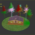 Cartoon Scene With Small Wooden House On Green Lawn And Trees Around
