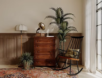 Wooden Chest of Drawers with Gramophone on Top Rocking Chair Palm Plant and Floor Lamp 3d model