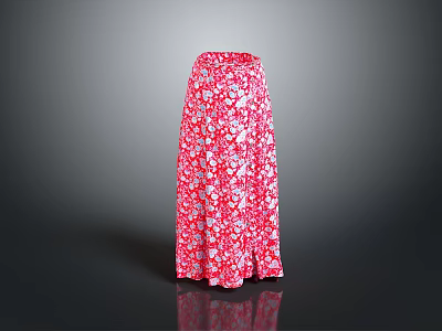 Elegant Women's Red Long Skirt With White Floral Pattern For Summer Wear 3d model